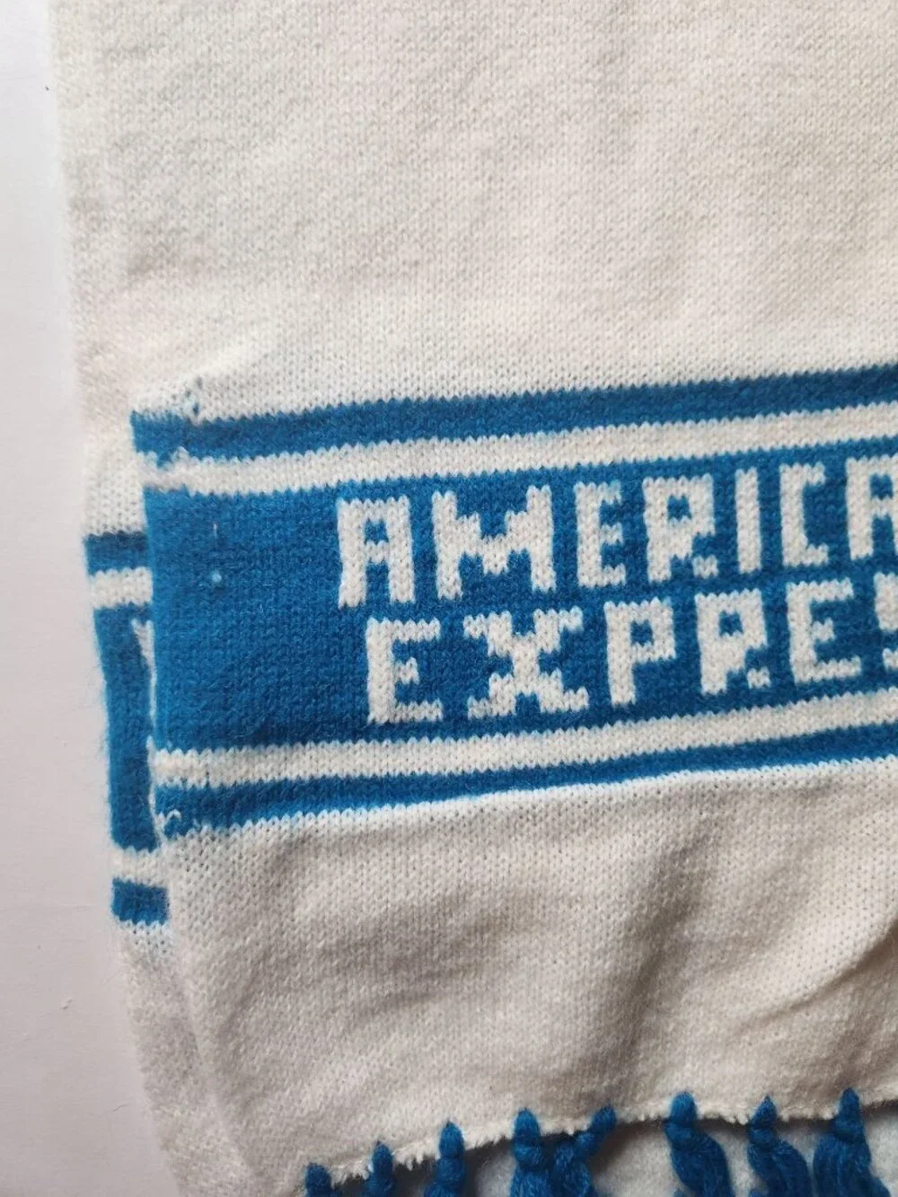 Scarf American Express White Blue Fringe advertising fall winter outerwear